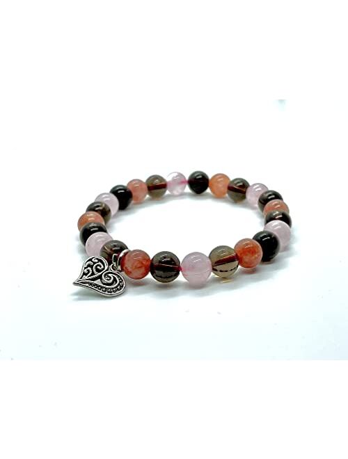 Generic DCE Triple Stone OPTIMUM ANTI DEPRESSION Gemstone Bracelet Handmade - Smoky Quartz Rose Quartz Sunstone Beaded Combo Bracelets Healing Crystal Unisex 8mm By DAZZL