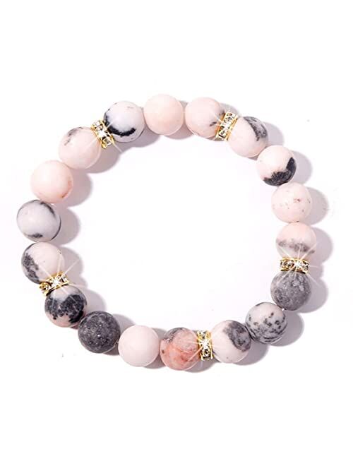 Pingyongchang Therapeutic Crystal Rose Quartz Bead Bracelet Anxiety Healing Crystal Strand Bracelet, Natural Matte Zebra Jade Beads Friendship Bracelet Anti Depression An