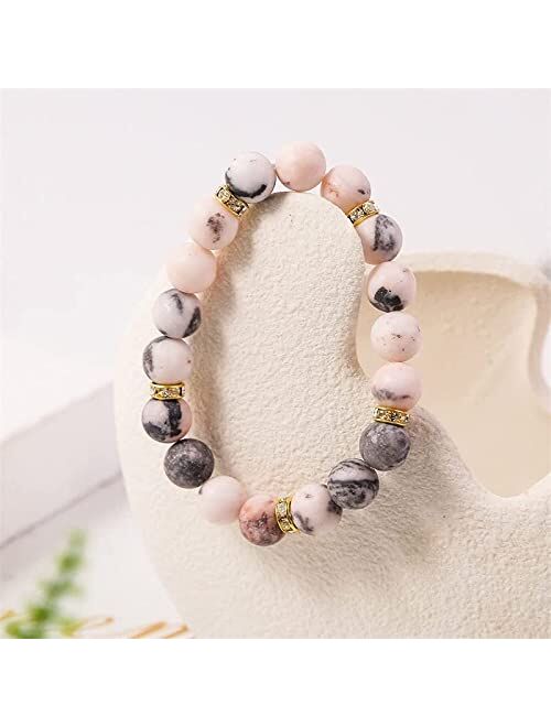 Pingyongchang Therapeutic Crystal Rose Quartz Bead Bracelet Anxiety Healing Crystal Strand Bracelet, Natural Matte Zebra Jade Beads Friendship Bracelet Anti Depression An