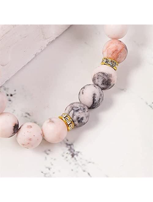 Pingyongchang Therapeutic Crystal Rose Quartz Bead Bracelet Anxiety Healing Crystal Strand Bracelet, Natural Matte Zebra Jade Beads Friendship Bracelet Anti Depression An