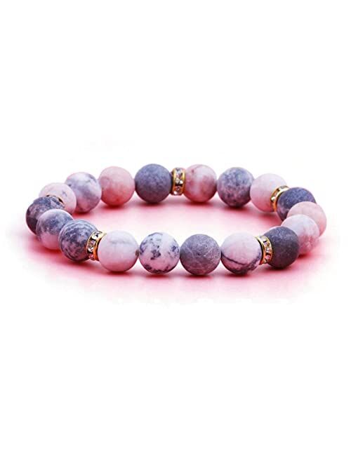 Pingyongchang Therapeutic Crystal Rose Quartz Bead Bracelet Anxiety Healing Crystal Strand Bracelet, Natural Matte Zebra Jade Beads Friendship Bracelet Anti Depression An