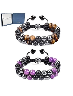 Healgem Triple Protection Bracelets for Men Women, Genuine Amethyst Black Obsidian Hematite 8mm Beads Bracelet, Handmade Natural Stone Bracelets for Protection Healing Ba