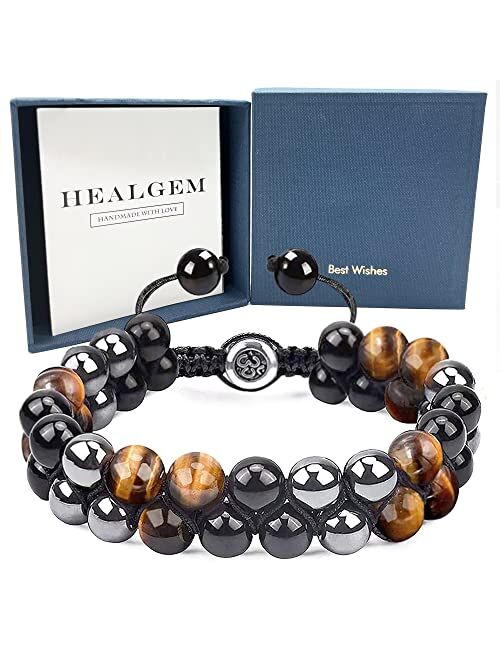 Healgem Triple Protection Bracelets for Men Women, Genuine Amethyst Black Obsidian Hematite 8mm Beads Bracelet, Handmade Natural Stone Bracelets for Protection Healing Ba