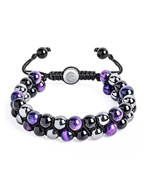 Senopekoo Triple Protection Bracelet for Men Women, Genuine Amethyst - Hematite - Black Onyx, Handmade Healing Crystal Beads Bracelet, Natural Stone, Bring Luck Prosperit