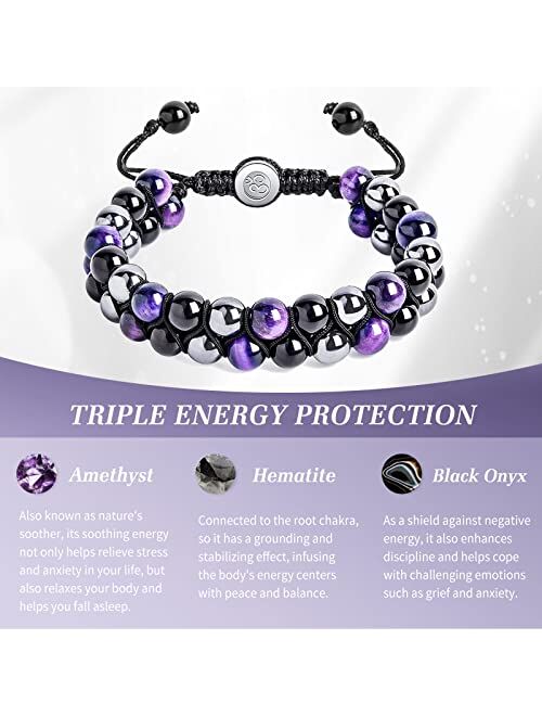 Senopekoo Triple Protection Bracelet for Men Women, Genuine Amethyst - Hematite - Black Onyx, Handmade Healing Crystal Beads Bracelet, Natural Stone, Bring Luck Prosperit