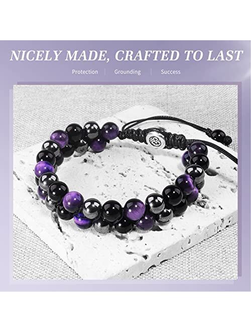 Senopekoo Triple Protection Bracelet for Men Women, Genuine Amethyst - Hematite - Black Onyx, Handmade Healing Crystal Beads Bracelet, Natural Stone, Bring Luck Prosperit