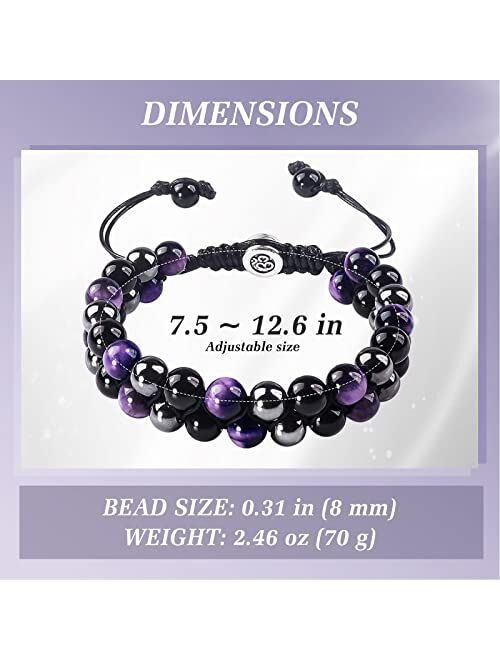 Senopekoo Triple Protection Bracelet for Men Women, Genuine Amethyst - Hematite - Black Onyx, Handmade Healing Crystal Beads Bracelet, Natural Stone, Bring Luck Prosperit