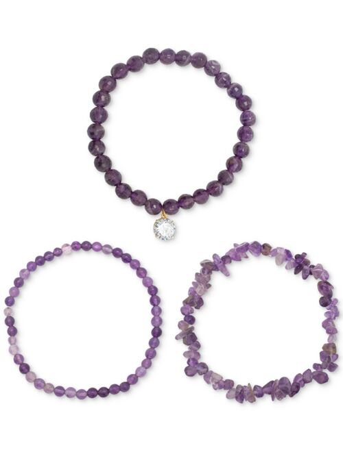 MACY'S 3-Pc. Set Amethyst, Purple Quartz & Cubic Zirconia Stretch Bracelets