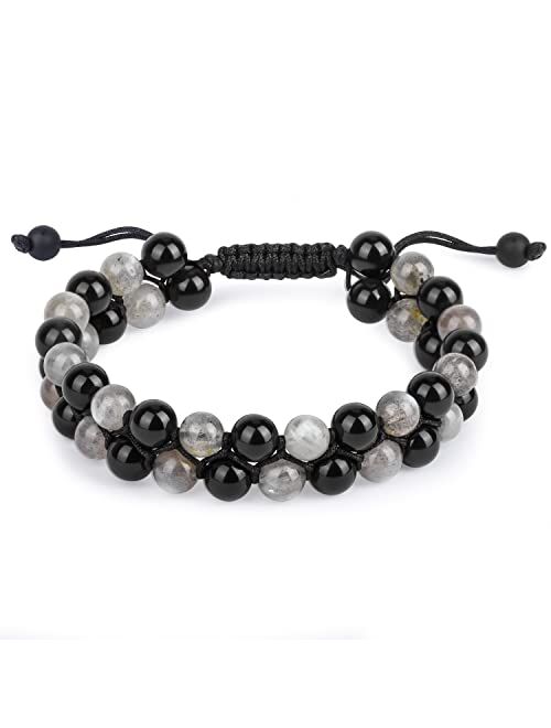 GENASTO Healing Crystals Tigers eye Black Obsidian Hematite 8mm Stone Beads Good Luck Triple Protection Bracelet for Men Women (Amethyst obsidian bracelet)