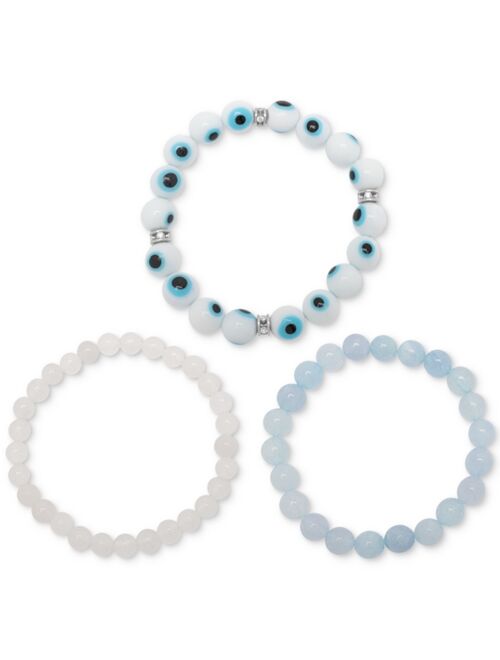 MACY'S 3 Pc. Set Aquamarine, Jade, & Cubic Zirconia Evil Eye Stretch Bracelets