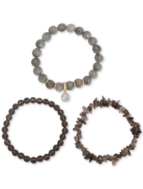 MACY'S 3-Pc. Set Labradorite, Smoky Quartz, & Cubic Zirconia Stretch Bracelets in 14k Gold-Plated Sterling Silver