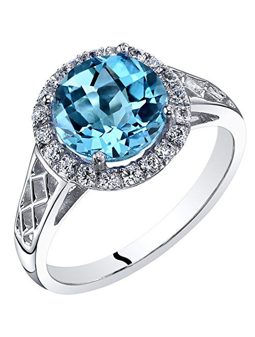 Peora Swiss Blue Topaz Galleria Ring for Women 14K White Gold, Genuine Gemstone Birthstone, 2.50 Carats Round Shape 8mm, Comfort Fit, Sizes 5 to 9