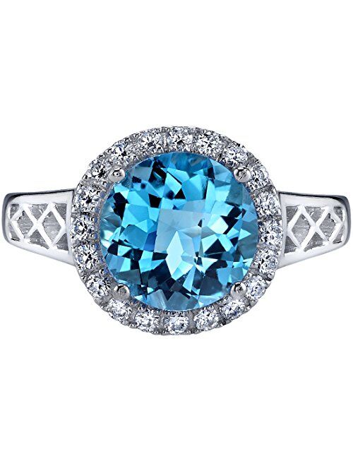 Peora Swiss Blue Topaz Galleria Ring for Women 14K White Gold, Genuine Gemstone Birthstone, 2.50 Carats Round Shape 8mm, Comfort Fit, Sizes 5 to 9