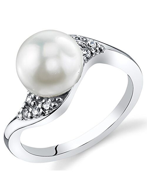 Peora Freshwater Cultured White Pearl Wave Ring in Sterling Silver, 8.5mm Round Button Shape, Comfort Fit, Sizes 5 to 9