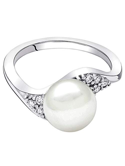 Peora Freshwater Cultured White Pearl Wave Ring in Sterling Silver, 8.5mm Round Button Shape, Comfort Fit, Sizes 5 to 9