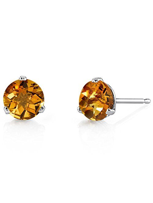 Peora Solid 14K White Gold 1.50 Carats Citrine Earrings for Women, Hypoallegenic Martini Studs, Round Shape 6mm, AAA Grade, January Birthstone, Friction Back