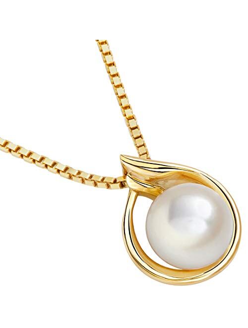 Peora Freshwater Cultured White Pearl Slider Pendant in 14K Yellow Gold, Round Button Shape, 7mm, Solitaire Design