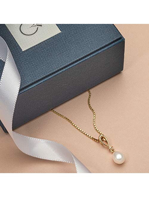 Peora Freshwater Cultured White Pearl Drop Pendant in 14K Yellow Gold, Baroque Oval Shape, 8x6mm Open Infinity Dangling Solitaire