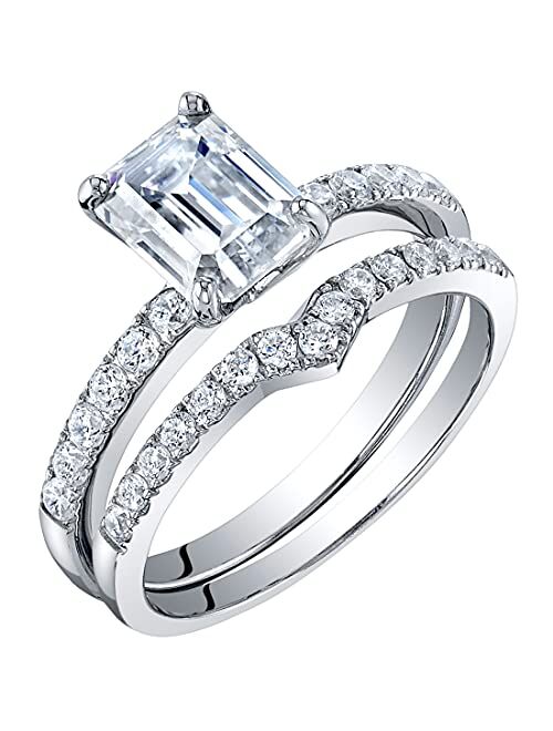 Peora Moissanite Emerald Cut Engagement Ring and Wedding Band Bridal Set in Sterling Silver, 2 Carat Center, DE Color, VVS Clarity, Sizes 4 to 10