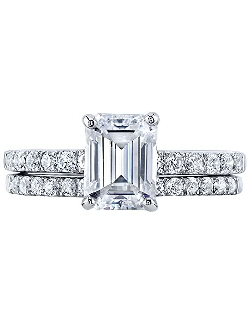 Peora Moissanite Emerald Cut Engagement Ring and Wedding Band Bridal Set in Sterling Silver, 2 Carat Center, DE Color, VVS Clarity, Sizes 4 to 10