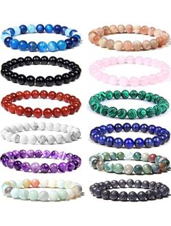 WAINIS 12PCS 8mm Semi-precious Beaded Bracelets for Men Women Healing Stretch Round Bead Crystal Gemstones Bracelets Unisex