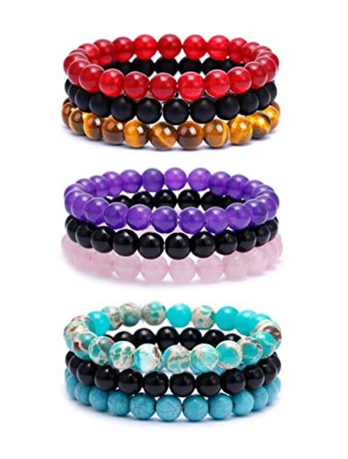 BOMAIL 9Pcs 8mm Natural Stone Beaded Bracelet Set for Men Women Semi-Precious Gemstone Beads Bracelets Matte Lava Rock Volcanic Tiger Eye Stone Yoga Healing Energy Crysta