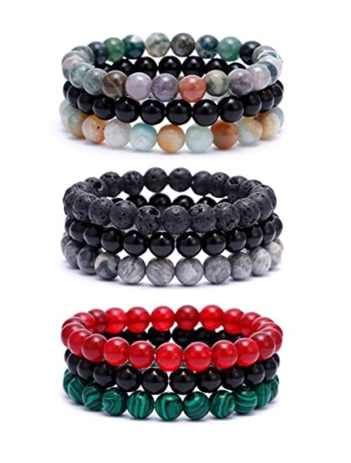 BOMAIL 9Pcs 8mm Natural Stone Beaded Bracelet Set for Men Women Semi-Precious Gemstone Beads Bracelets Matte Lava Rock Volcanic Tiger Eye Stone Yoga Healing Energy Crysta