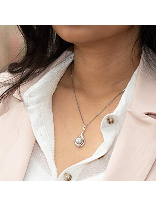 Peora Freshwater Cultured Grey Pearl Pendant Necklace for Women 925 Sterling Silver, Open Raindrop Design, 10mm Round Button Shape, with 18 inch Chain