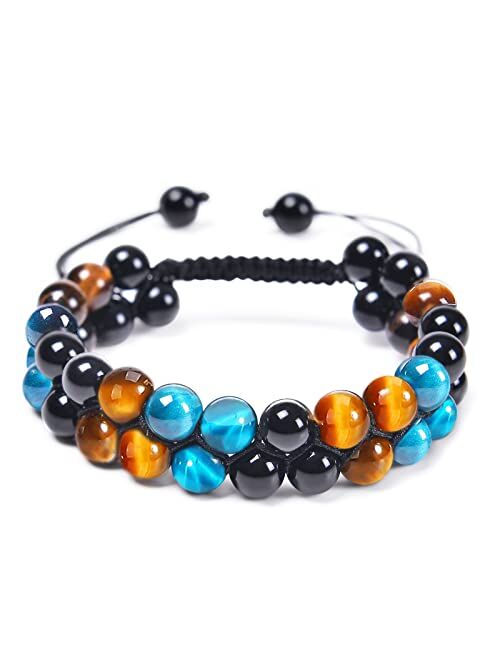 OAHERAS Triple Protection Crystal Bracelet Spiritual Healing for Men and Women - Natural Black Obsidian 8mm Stone Bead Energy Crystal Bracelet - Mens beaded bracelets - B