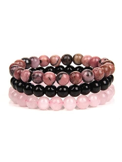 SONNYX 3Pcs 8mm Semi-Precious Gemstones Beaded Bracelets for Women Men Healing Crystal Stone Bracelet Stretch Round Beaded Elastic Bracelets Unisex Jewelry Gifts