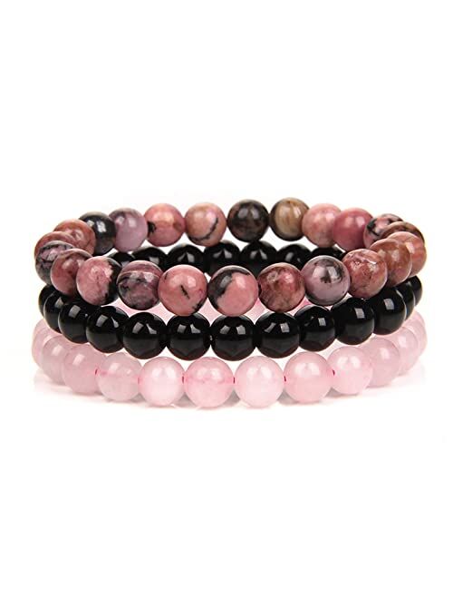 SONNYX 3Pcs 8mm Semi-Precious Gemstones Beaded Bracelets for Women Men Healing Crystal Stone Bracelet Stretch Round Beaded Elastic Bracelets Unisex Jewelry Gifts