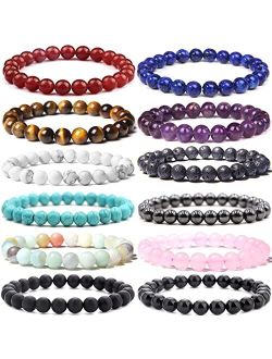 WAINIS 12 Pcs 8mm Gemstones Beaded Bracelets for Men Women Stone Bead Healing Stretch Round Bead Crystal Semi-Precious Bracelets Unisex