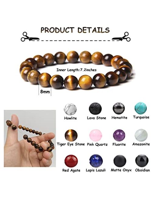 WAINIS 12 Pcs 8mm Gemstones Beaded Bracelets for Men Women Stone Bead Healing Stretch Round Bead Crystal Semi-Precious Bracelets Unisex