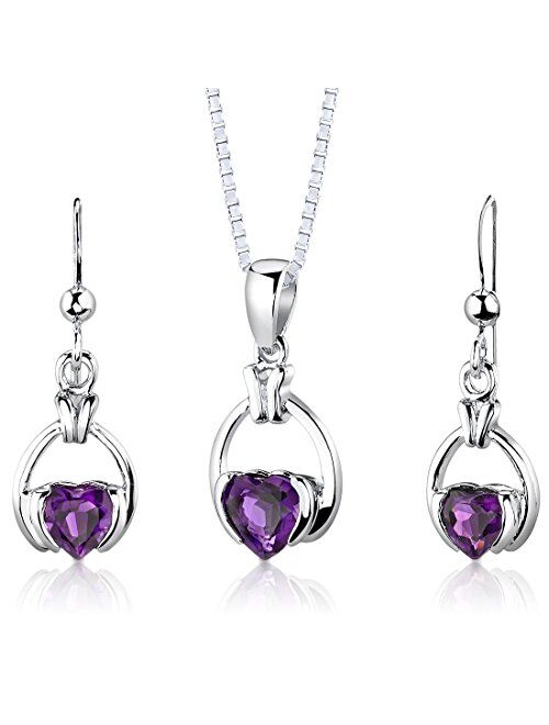 Peora Amethyst Pendant Earrings Necklace Sterling Silver Simple Heart Shape 1.75 Carats