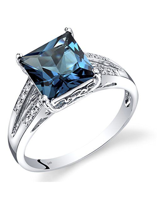 Peora London Blue Topaz and Diamond Ring for Women 14K White Gold, Elegant Cathedral Design, Natural Gemstone Birthstone, 3 Carats Princess Cut 8mm, Size 7