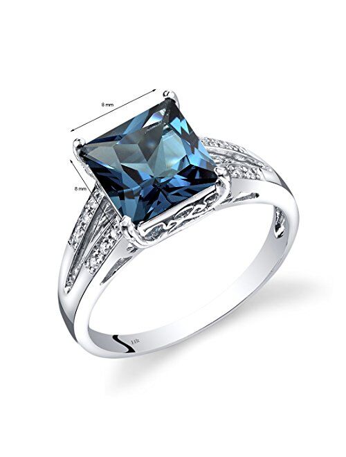 Peora London Blue Topaz and Diamond Ring for Women 14K White Gold, Elegant Cathedral Design, Natural Gemstone Birthstone, 3 Carats Princess Cut 8mm, Size 7