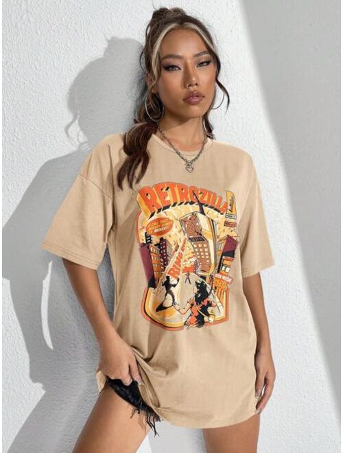 SHEIN X Ilustrata Letter & Figure Graphic Drop Shoulder Tee