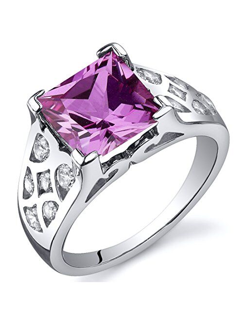 Peora Created Pink Sapphire Ring for Women in Sterling Silver, Vintage Lattice Design, Princess Cut 3.25 Carats total, Comfort Fit, Sizes 5 to 9