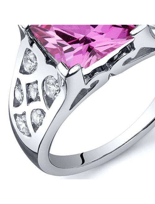 Peora Created Pink Sapphire Ring for Women in Sterling Silver, Vintage Lattice Design, Princess Cut 3.25 Carats total, Comfort Fit, Sizes 5 to 9