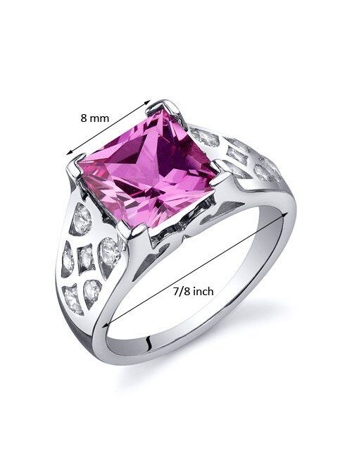 Peora Created Pink Sapphire Ring for Women in Sterling Silver, Vintage Lattice Design, Princess Cut 3.25 Carats total, Comfort Fit, Sizes 5 to 9