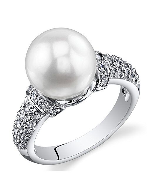 Peora Dazzling Freshwater Cultured White Pearl Ring (8.5-9mm) Sterling Silver CZ Accent Sizes 5 to 9