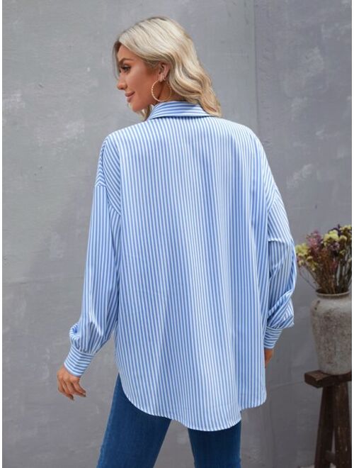 EMERY ROSE Striped Patched Pocket Drop Shoulder Shirt