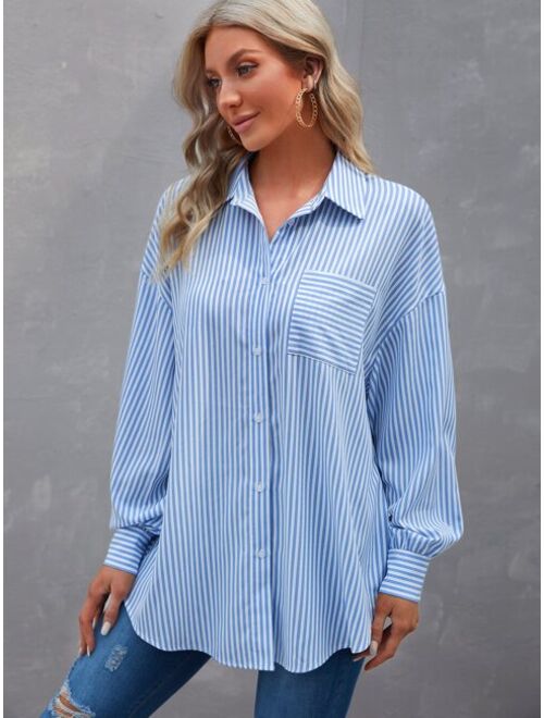 EMERY ROSE Striped Patched Pocket Drop Shoulder Shirt