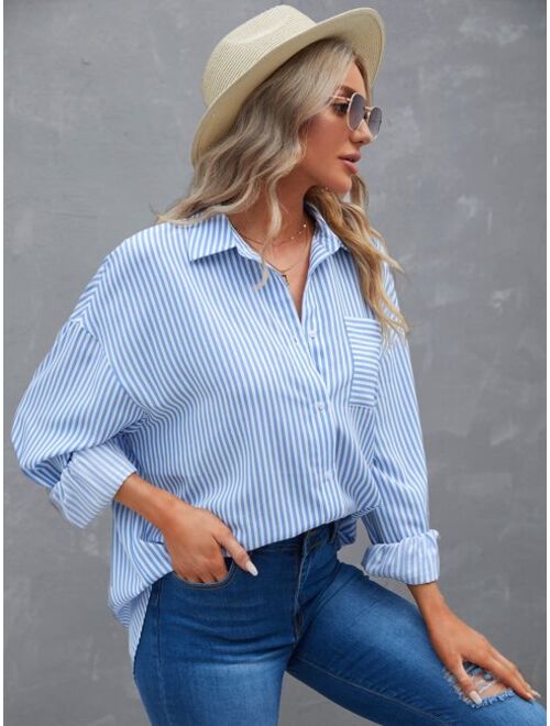 EMERY ROSE Striped Patched Pocket Drop Shoulder Shirt