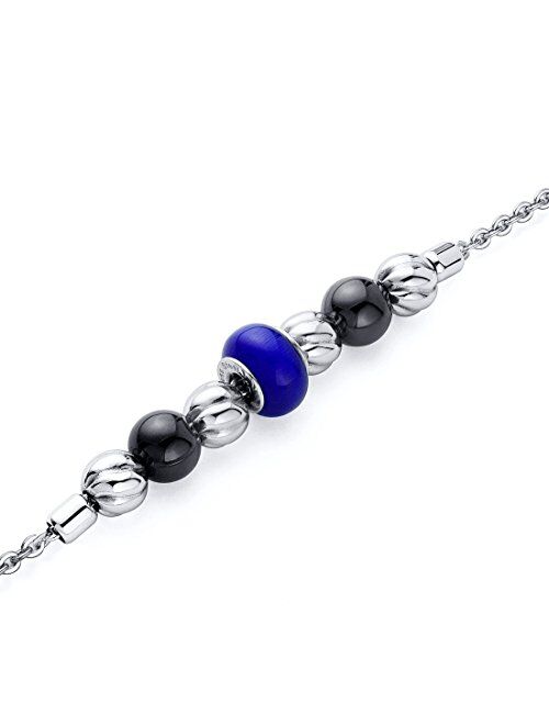 Peora Stainless Steel Bracelet for Women, Blue, Black and Silver Polished Beads, 7.25 inches