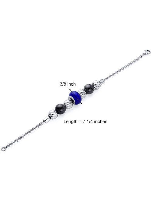 Peora Stainless Steel Bracelet for Women, Blue, Black and Silver Polished Beads, 7.25 inches