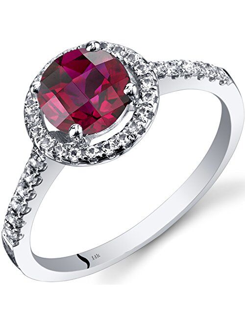 Peora 14K White Gold Created Ruby Halo Ring Round Checkerboard Cut 1.25 Carats Sizes 5 to 9