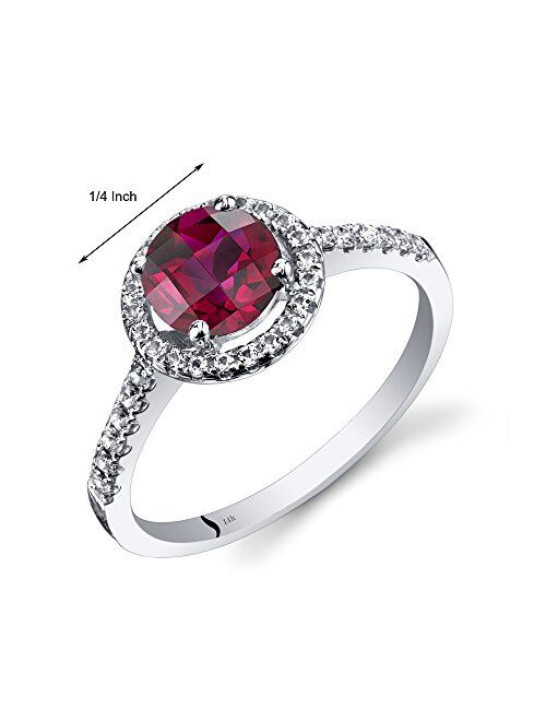 Peora 14K White Gold Created Ruby Halo Ring Round Checkerboard Cut 1.25 Carats Sizes 5 to 9