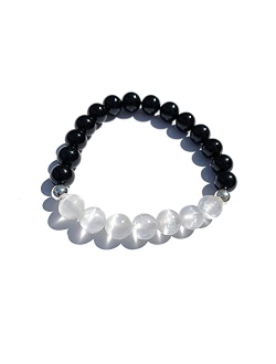 Joyfulmuze Tourmaline and Clear Quartz Bracelet, Black and White Crystals, Chakra Energy Healing, Handmade Jewelry for Women and Man, Fit 6.5-7 inches Wrist (Tourmaline -