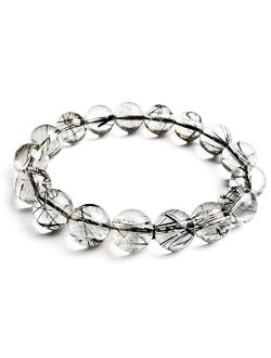 Yf-Crystalbeads 12mm Natural Black Rutilated Quartz Gemstone Clear Round Bead Crystal Bracelet AAAA